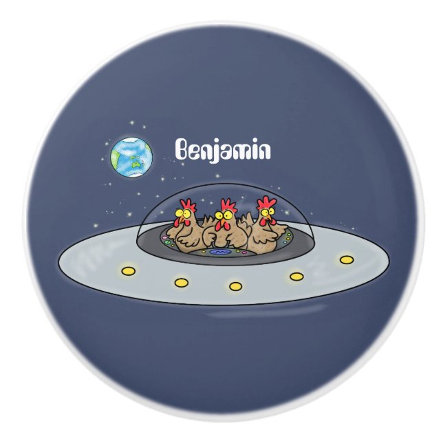 Funny chickens in space cartoon illustration ceramic knob (Front)