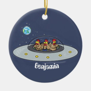 Funny chickens in space cartoon illustration ceramic ornament