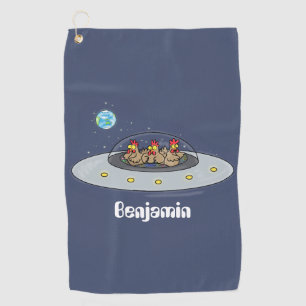 Funny chickens in space cartoon illustration  golf towel