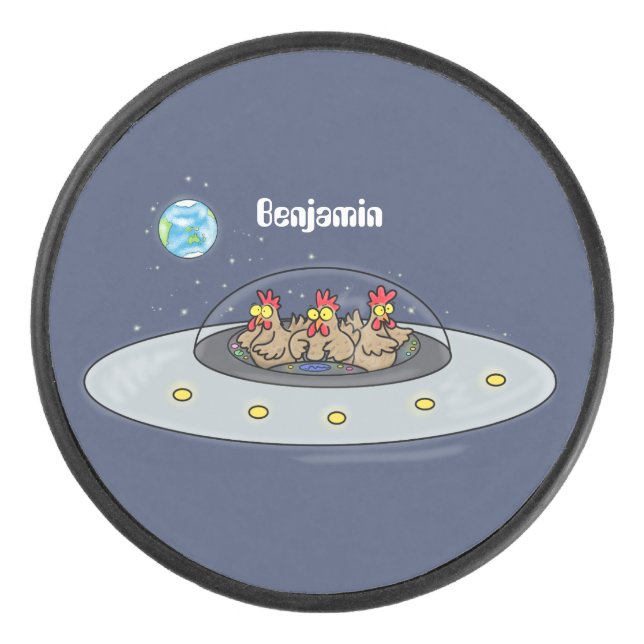 Funny chickens in space cartoon illustration hockey puck (Front)