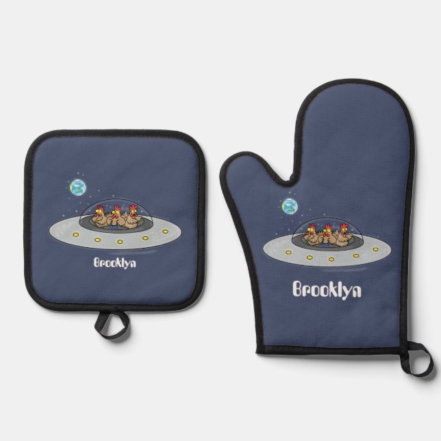 Funny chickens in space cartoon illustration oven mitt & pot holder set (Front)