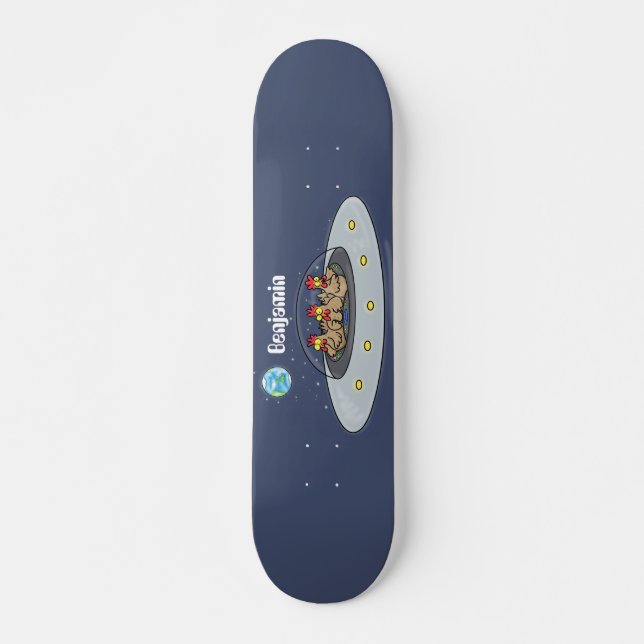 Funny chickens in space cartoon illustration skateboard (Front)