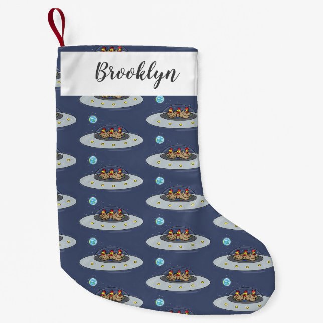 Funny chickens in space cartoon illustration small christmas stocking (Front)
