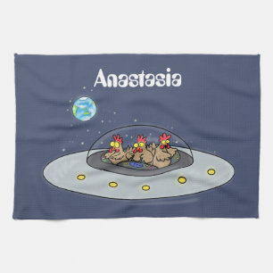 Funny chickens in space cartoon illustration tea towel