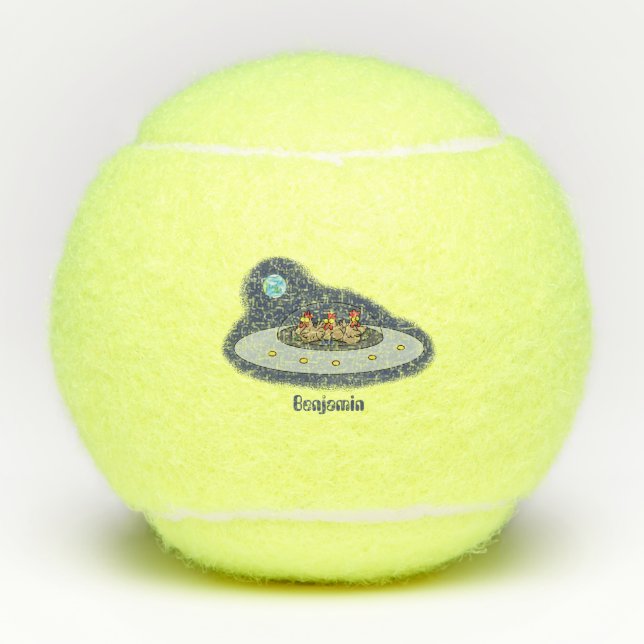 Funny chickens in space cartoon illustration  tennis balls (Front)