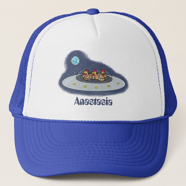 Funny chickens in space cartoon illustration trucker hat (Front)