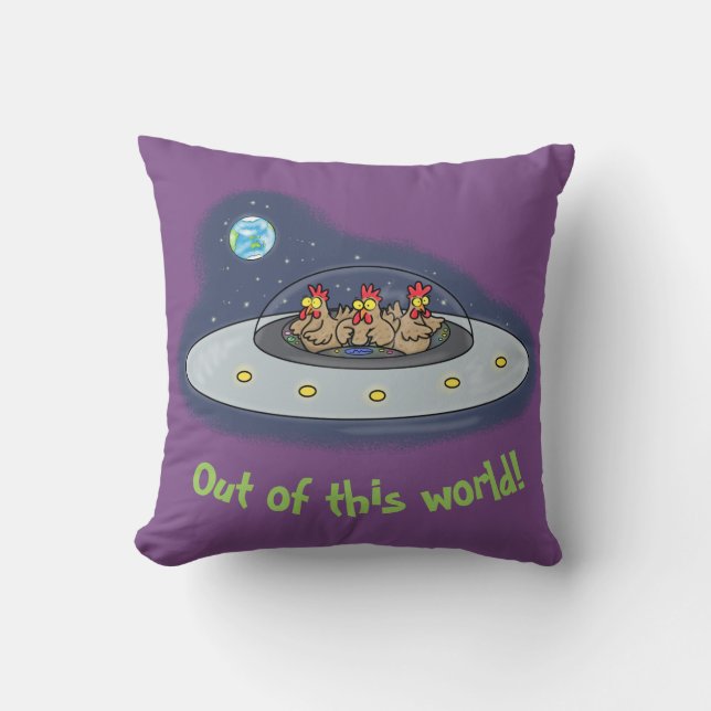 Funny chickens in space cartoon pillow (Front)