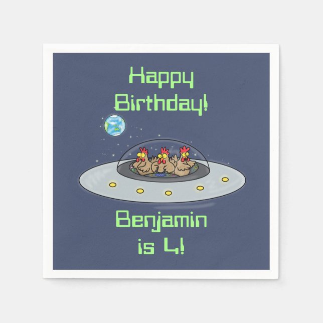 Funny chickens in spaceship cartoon napkin (Front)