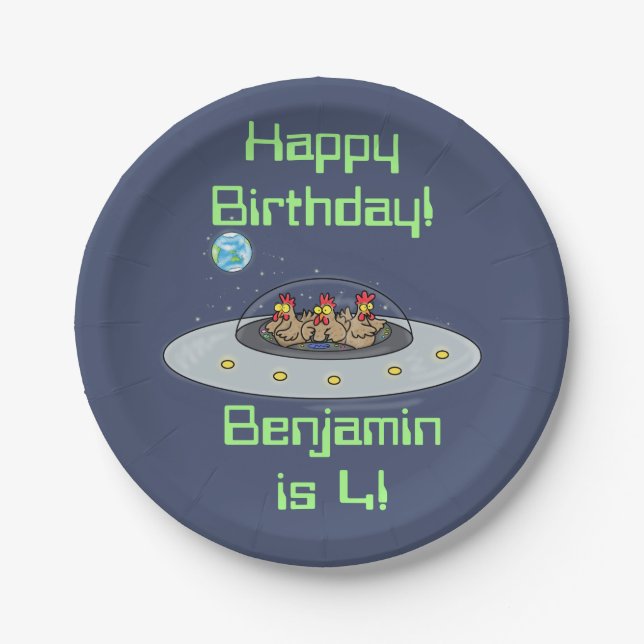 Funny chickens in spaceship cartoon paper plate (Front)