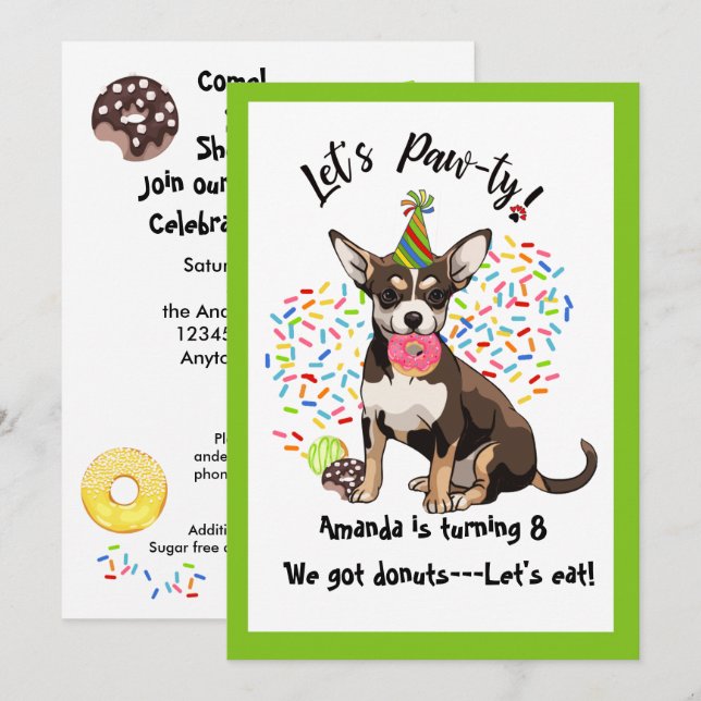Funny Chihuaha Doughnuts Birthday Party Invitation (Front/Back)