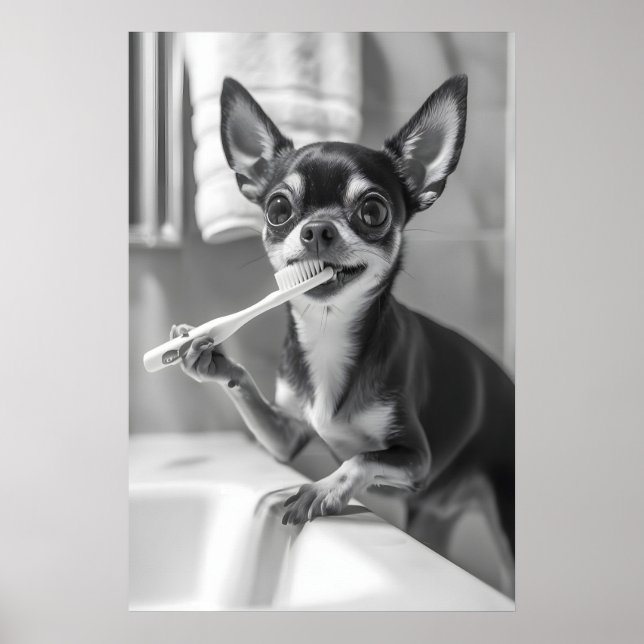 Funny Chihuahua Bathroom Art Print, Brushing Teeth Poster (Front)