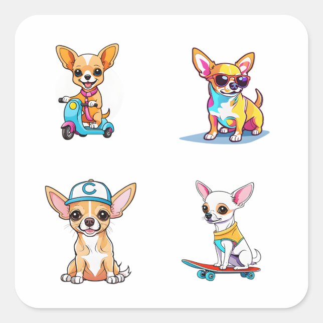 Funny Chihuahua Cartoon Art 4 Pack Stickers (Front)
