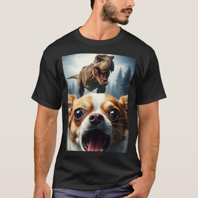 Funny Chihuahua Dog Selfie With T-rex Women Men Ki T-Shirt (Front)