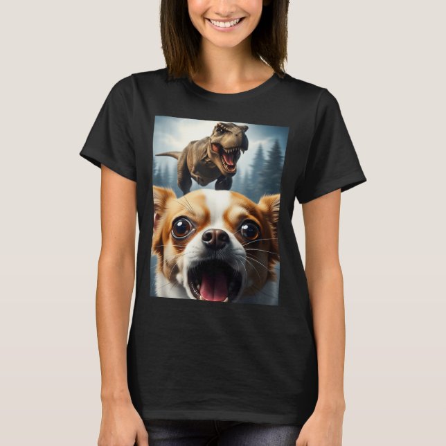 Funny Chihuahua Dog Selfie With T-rex Women Men Ki T-Shirt (Front)
