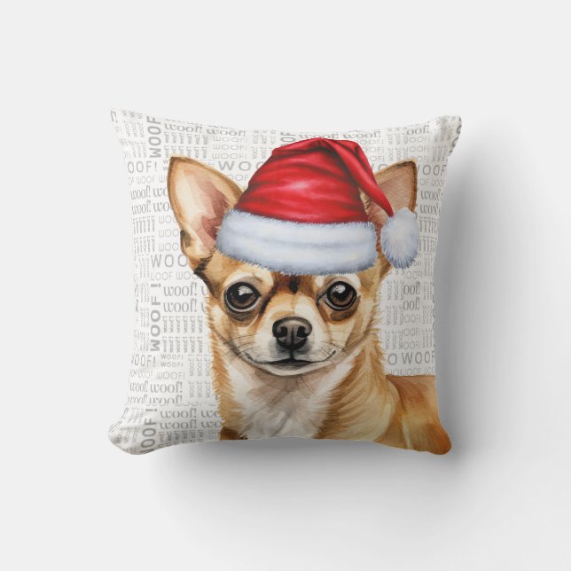 Funny Chihuahua Dog Watercolor Christmas Cushion (Front)
