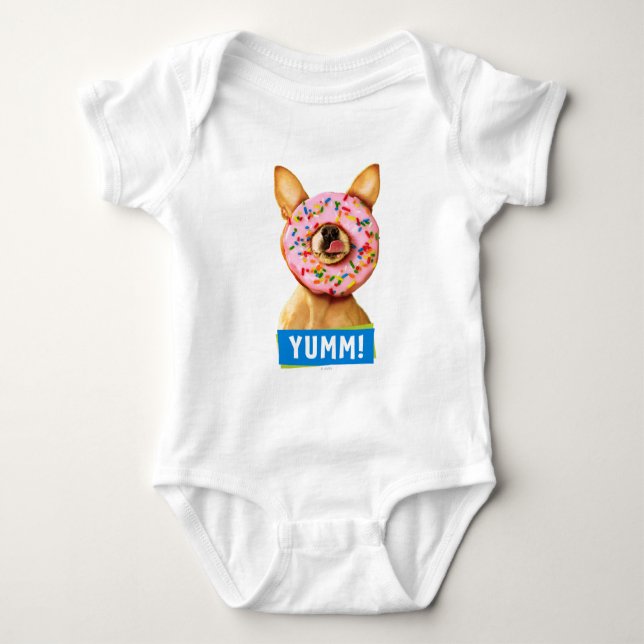 Funny Chihuahua Dog with Sprinkle Doughnut on Nose Baby Bodysuit (Front)