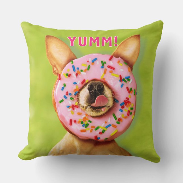 Funny Chihuahua Dog with Sprinkle Doughnut on Nose Cushion (Front)