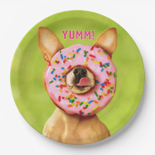 Funny Chihuahua Dog with Sprinkle Doughnut on Nose Paper Plate