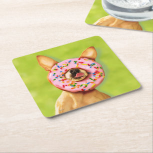 Funny Chihuahua Dog with Sprinkle Doughnut on Nose Square Paper Coaster