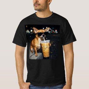 Funny Chihuahua Drinking Iced Coffee Lover Humour  T-Shirt