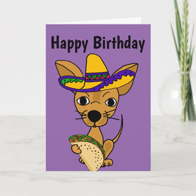 Funny Chihuahua eating Taco Cartoon Card (Front)