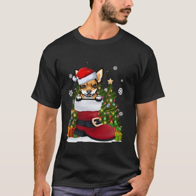 Funny Chihuahua in the Shoe Santa Hat Ugly Christm T-Shirt (Front)