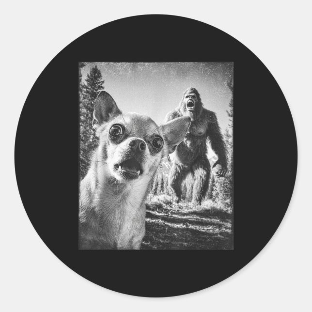Funny Chihuahua Selfie With Bigfoot Sasquatch Cryp Classic Round Sticker (Front)