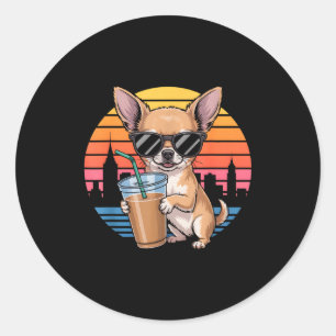 Funny chihuahua sunglasses iced coffee vintage classic round sticker