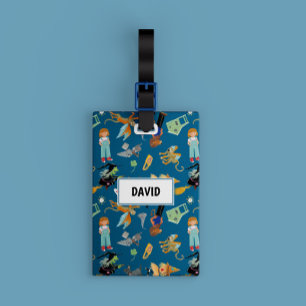 Funny children's characters on blue luggage tag