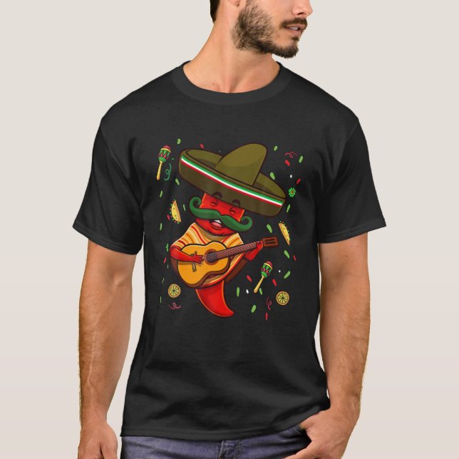 Funny Chilli Mariachi Hot Pepper Sombrero Cinco De T-Shirt (Front)