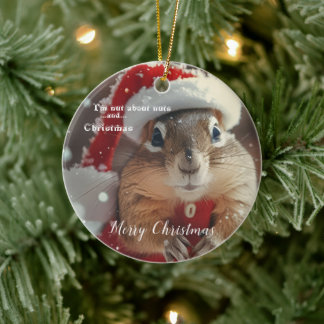 Funny Chipmunk Nut Merry Christmas Photo Ceramic Ornament