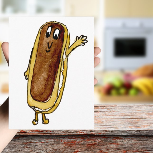 Funny Chocolate Eclair Quirky Cake Cartoon Art Postcard (Cute chocolate eclair cartoon watercolor art cake lovers greetings postcard)