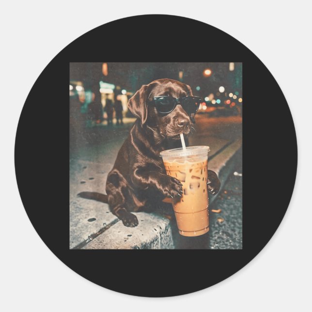Funny Chocolate Lab Drinking Iced Coffee Lovers Classic Round Sticker (Front)