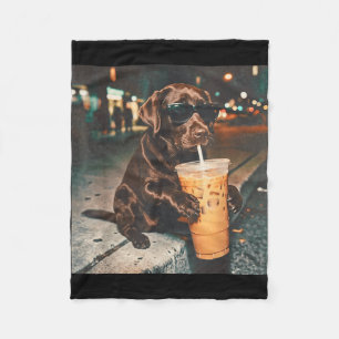Funny chocolate lab drinking iced coffee lovers fleece blanket