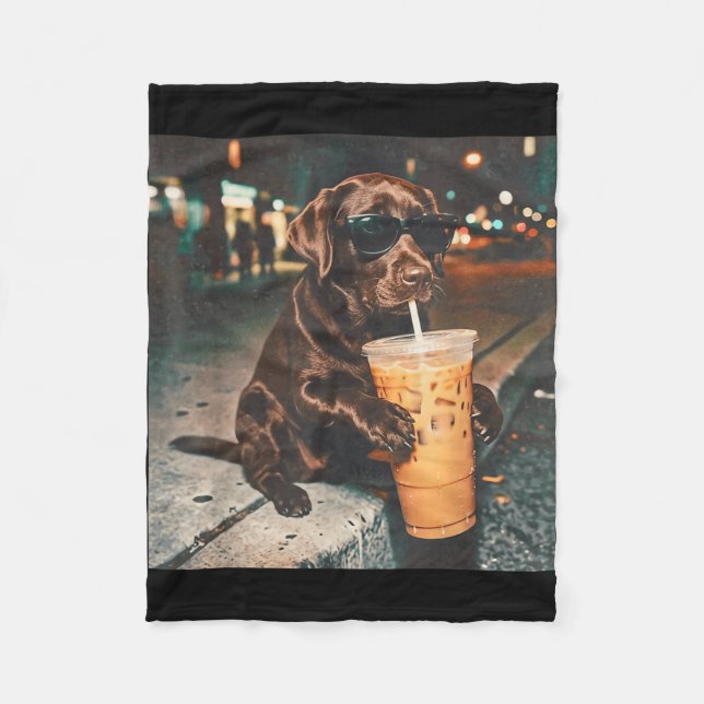 Funny chocolate lab drinking iced coffee lovers fleece blanket (Front)