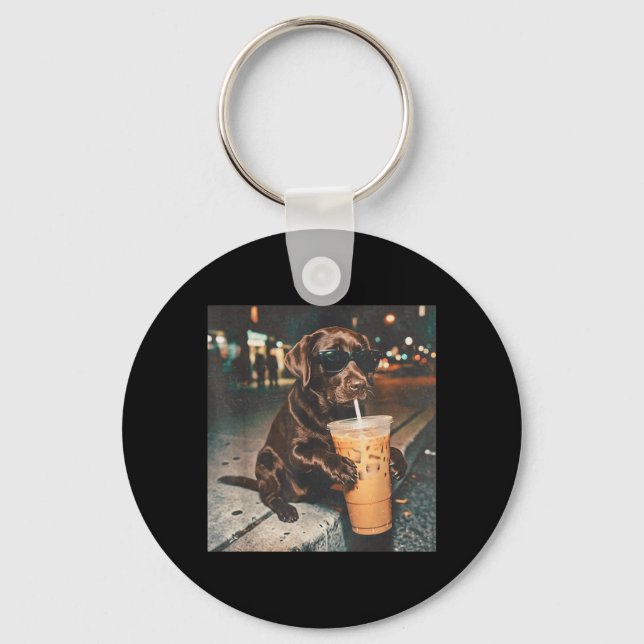 Funny Chocolate Lab Drinking Iced Coffee Lovers Key Ring (Front)
