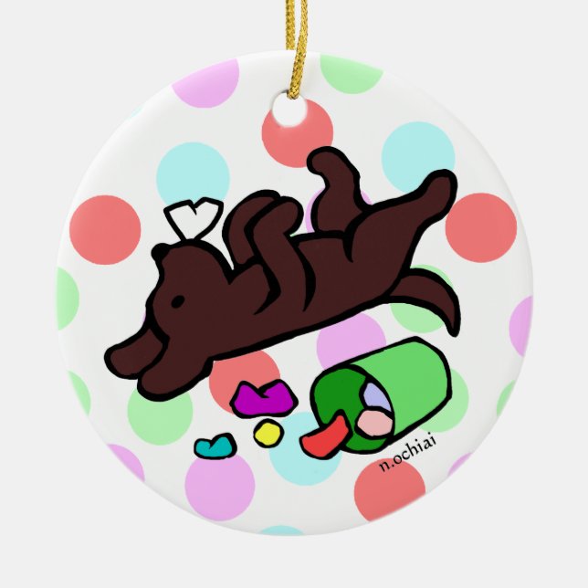 Funny Chocolate Labrador Cartoon Polka Dot Ceramic Ornament (Front)