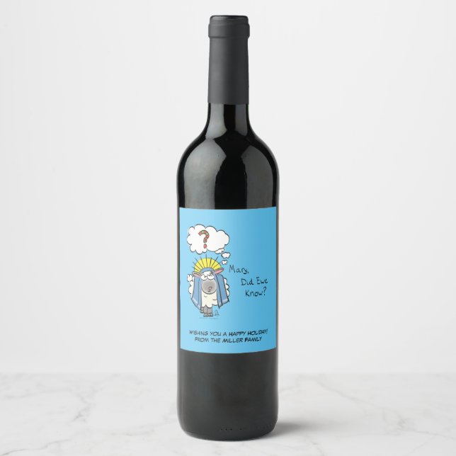 Funny Christian Christmas Cute Sheep Cartoon Wine Label (Front)