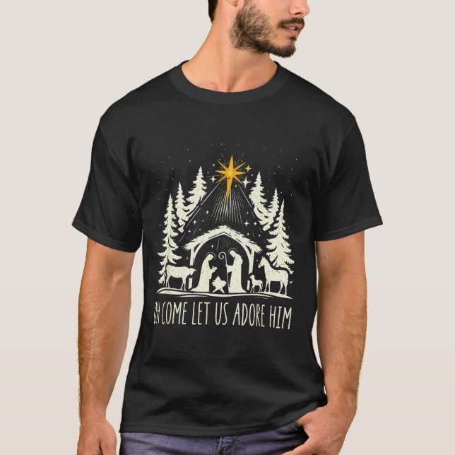 Funny Christian Christmas Jesus Oh Come Let Us Ado T-Shirt (Front)