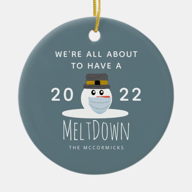 Funny Christmas 2021 Snowman Meltdown Personalised Ceramic Ornament (Front)