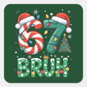 Funny Christmas "67 BRUH" Plaid & Elf Hat Holiday Square Sticker