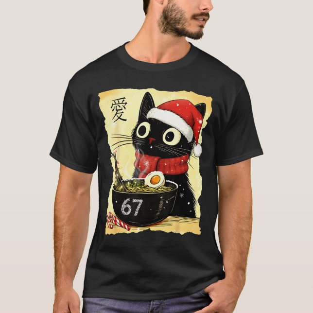 Funny Christmas 67 Six Seven Cat Ramen Japanese Ka T-Shirt (Front)