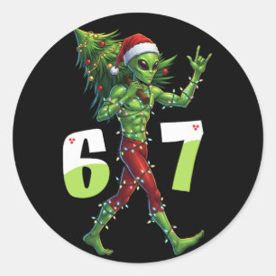 Funny Christmas Alien Six Seven Meme 67 Santa Hat  Classic Round Sticker