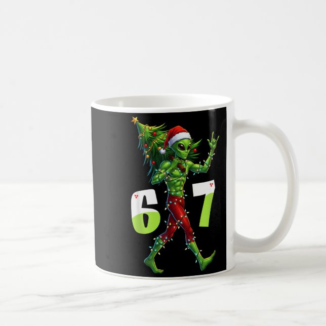 Funny Christmas Alien Six Seven Meme 67 Santa Hat  Coffee Mug (Right)
