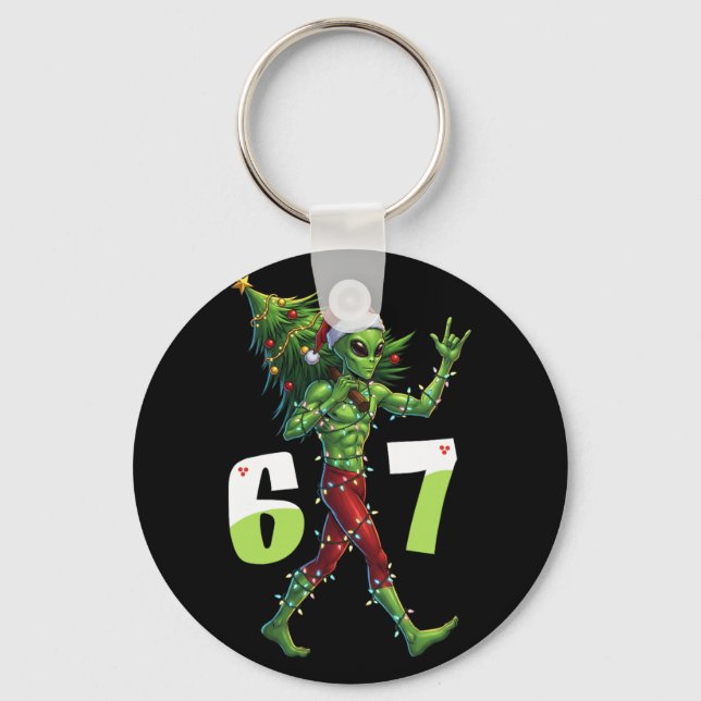 Funny Christmas Alien Six Seven Meme 67 Santa Hat  Key Ring (Front)