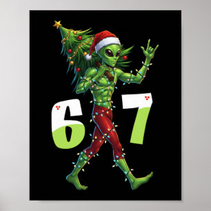 Funny Christmas Alien Six Seven Meme 67 Santa Hat  Poster