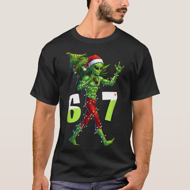 Funny Christmas Alien Six Seven Meme 67 Santa Hat  T-Shirt (Front)