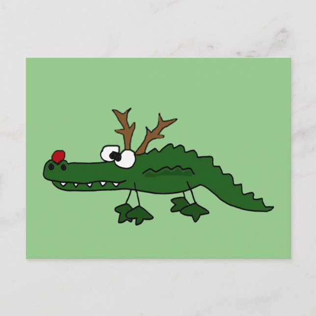 Funny Christmas Alligator as Reindeer Holiday Postcard (Front)