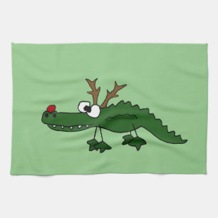 Funny Christmas Alligator as Reindeer Tea Towel
