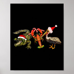 Funny Christmas Alligator Pelican Crawfish Holiday Poster